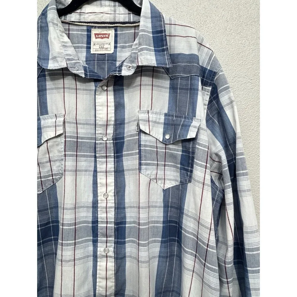 Levi's Western Shirt Mens XXL 2XL Modern Fit Blue White Plaid Pearl Snap